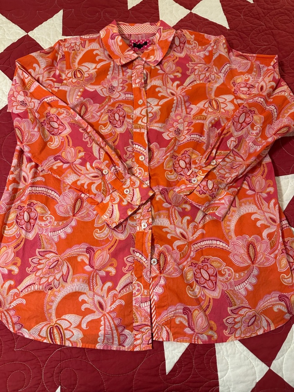 Talbots Orange and Pink Paisley Button-Up Blouse